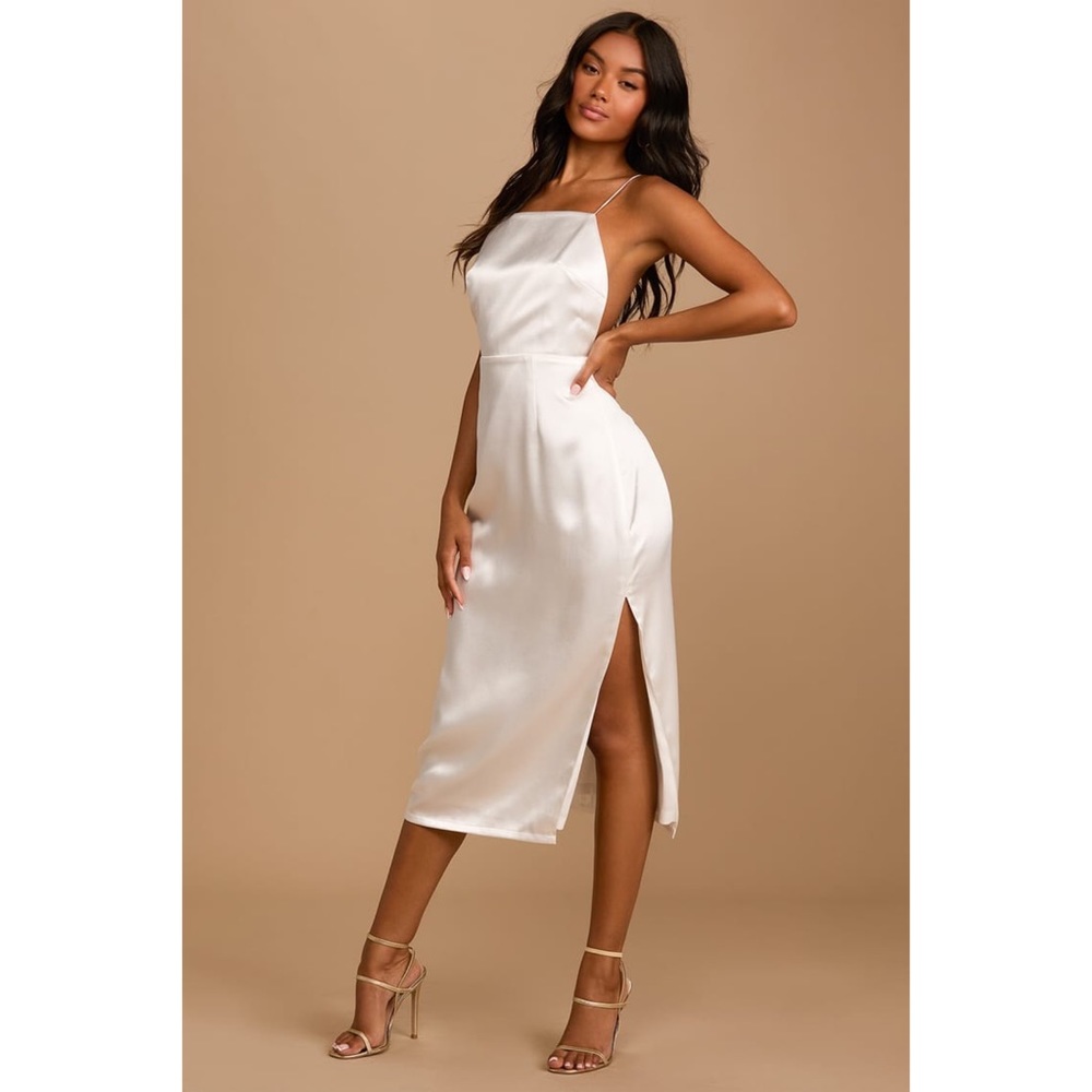 NWOT Lulus Adoring Attitude White Satin Column Midi Dress Medium